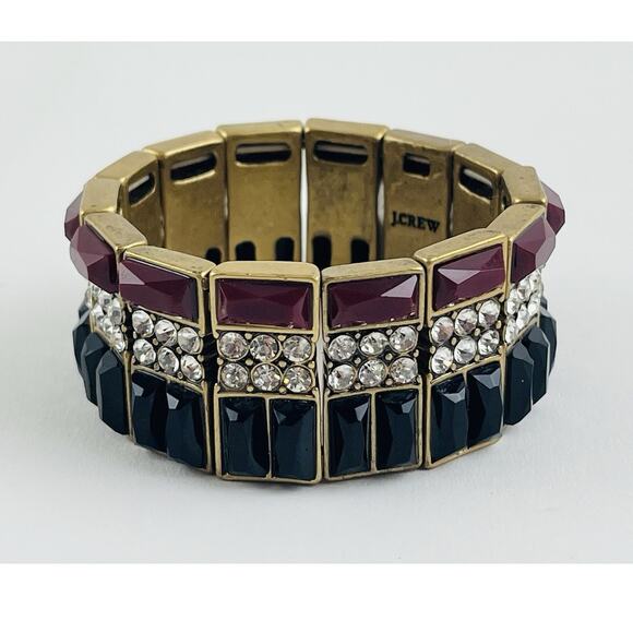 J CREW Red Black Rhinestone Stretch Bracelet Gold Tone Chunky Band Maroon Party - Picture 1 of 7